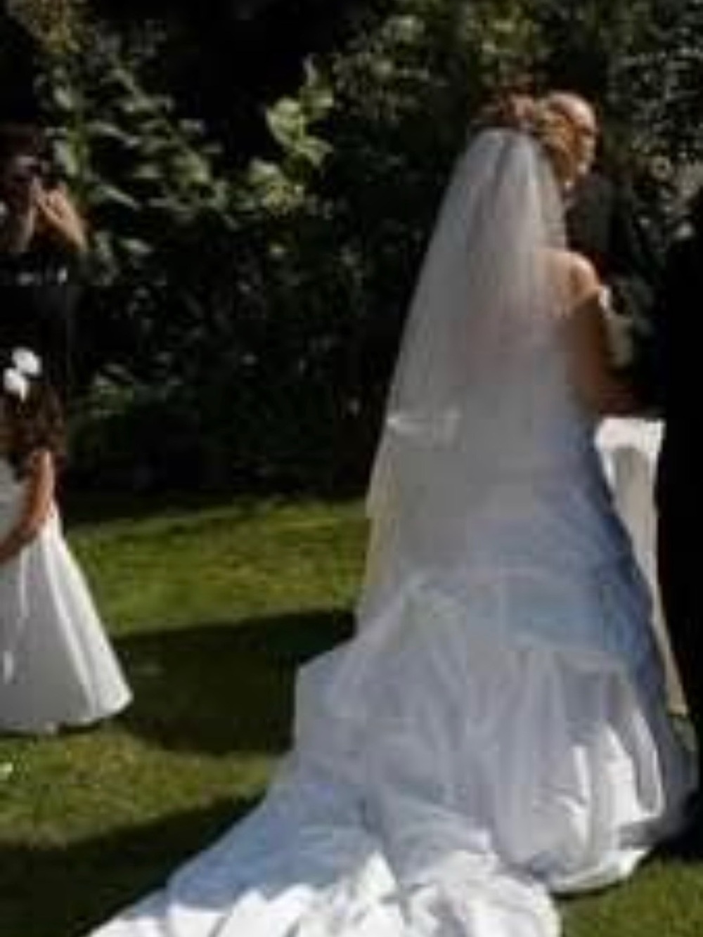 Strapless White Tiered Ball Gown Wedding Dress with Chapel Train